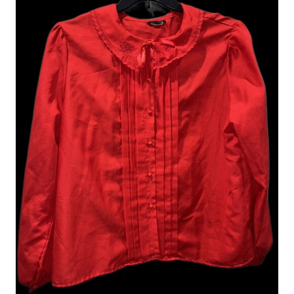 1951 Vintage Romantic Red Blouse Peter Pan Collar Embroidered Bow USA Women’s L - Picture 2 of 8